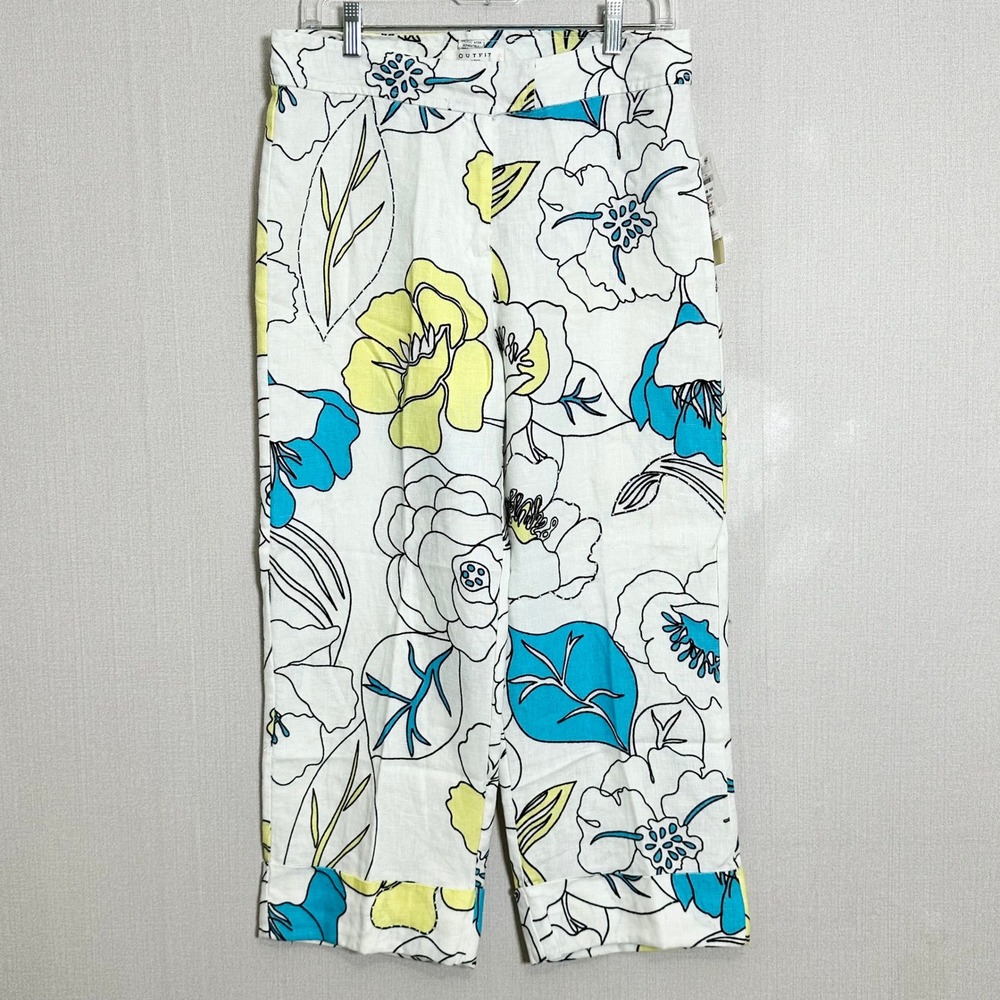 Outfit JPR John Paul Richard Floral 100% Linen Cropped Pants White Yellow Blue